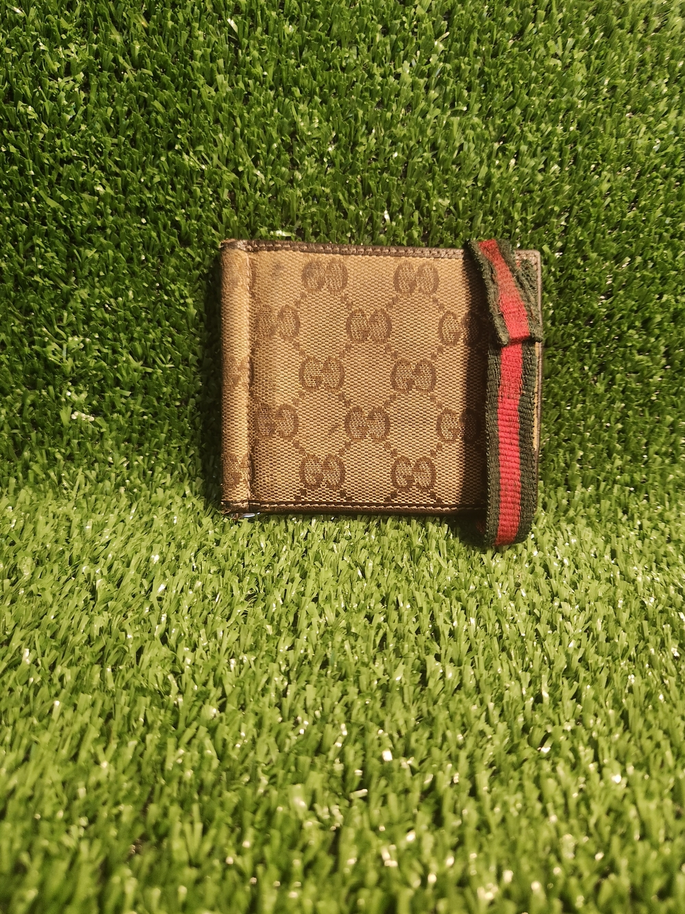 Gucci Brown Monogram Canvas Bifold Wallet with Red-Green Web Strap